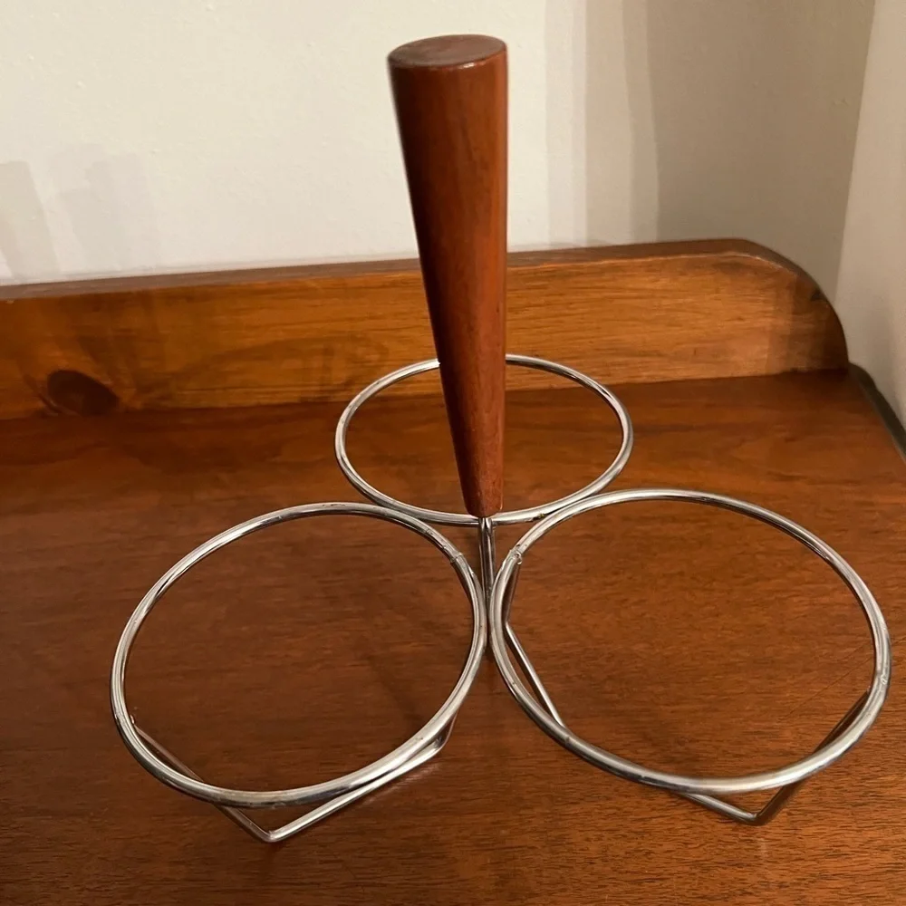 Vintage Stainless Steel & Wood Condiment Caddy - snack caddy